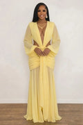 Plunge Neck Lantern Sleeve Cut Out Ruched Backless Maxi Dresses-Yellow