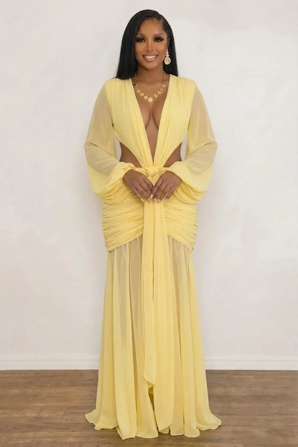 Plunge Neck Lantern Sleeve Cut Out Ruched Backless Maxi Dresses-Yellow