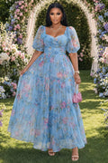 Floral Sweetheart Neck Puff Sleeve Cinch Waist Maxi Dresses-Blue