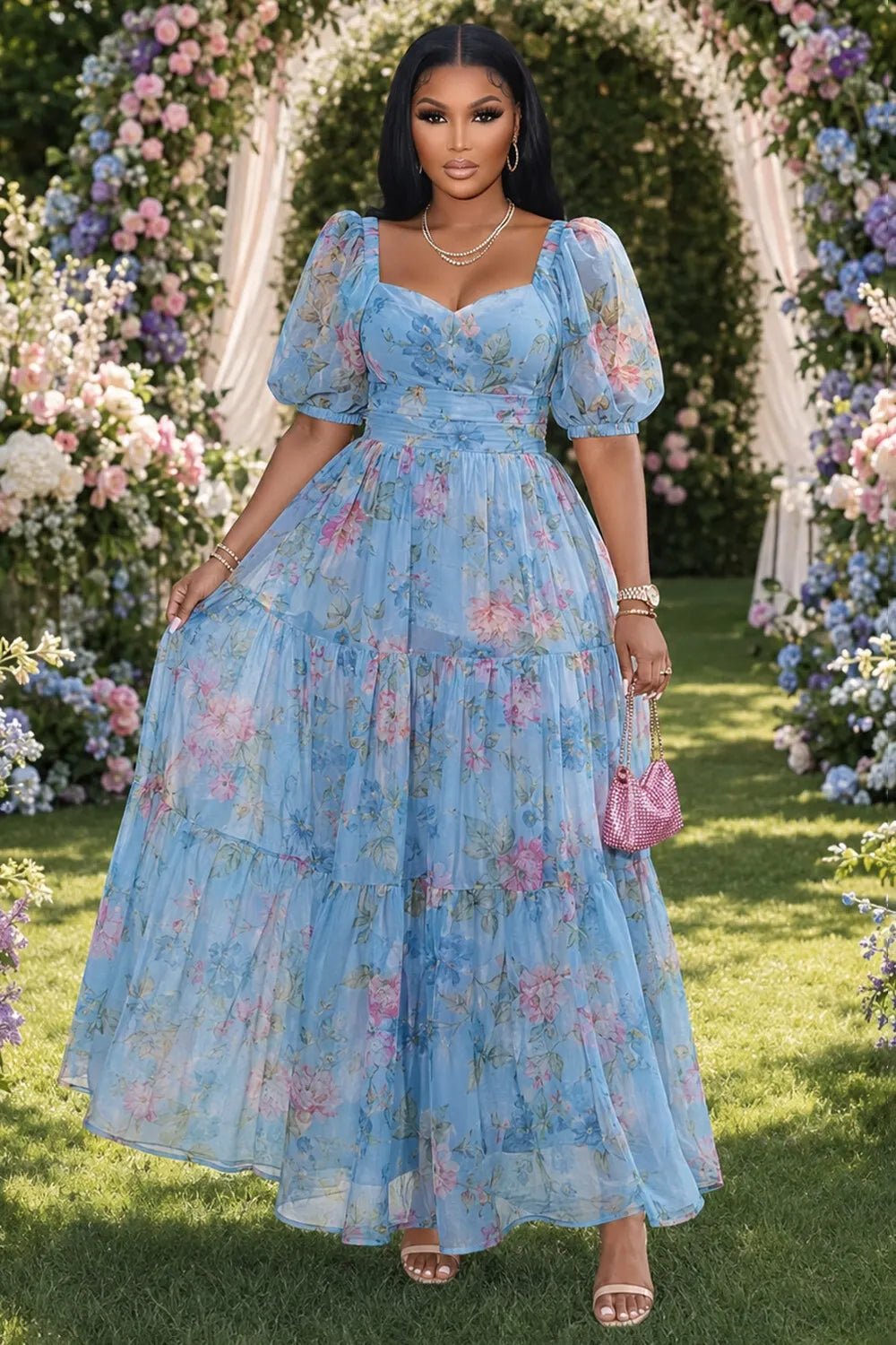 Floral Sweetheart Neck Puff Sleeve Cinch Waist Maxi Dresses-Blue