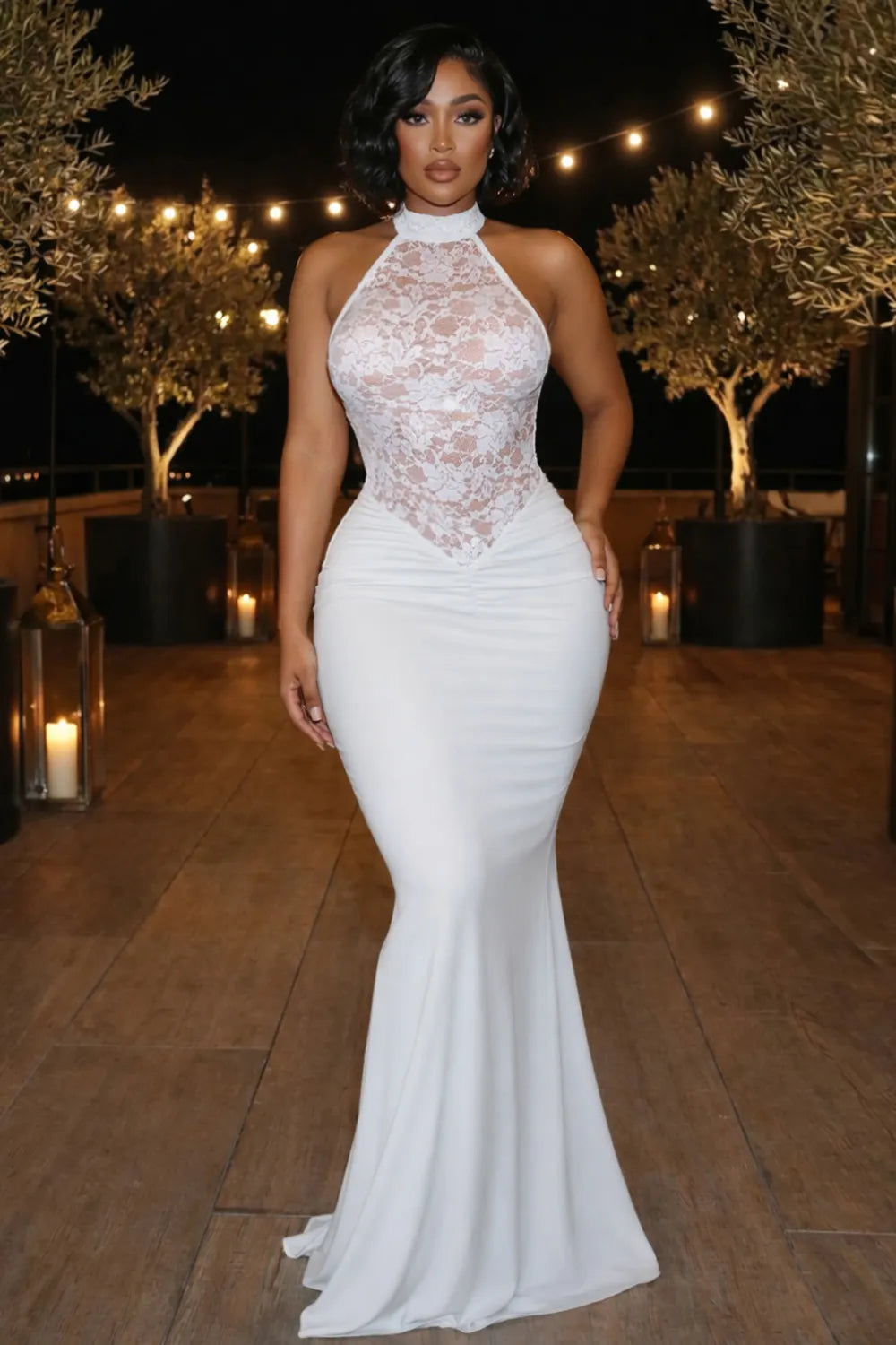 Halter Semi-Sheer Lace Patchwork Mermaid Party Maxi Dresses-White
