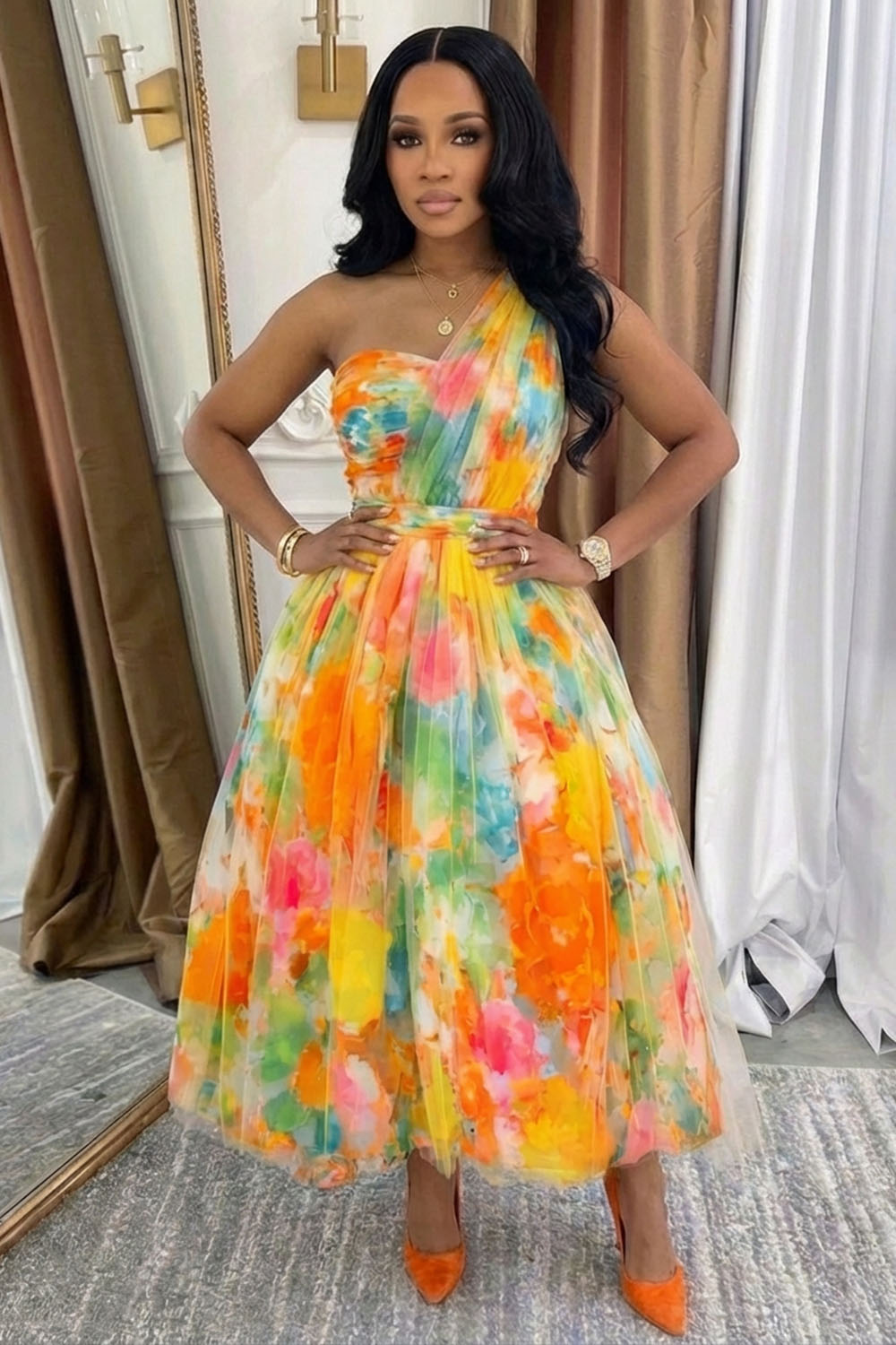 One Shoulder Floral Print Mesh Vacation Maxi Dresses