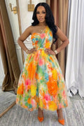 One Shoulder Floral Print Mesh Vacation Maxi Dresses