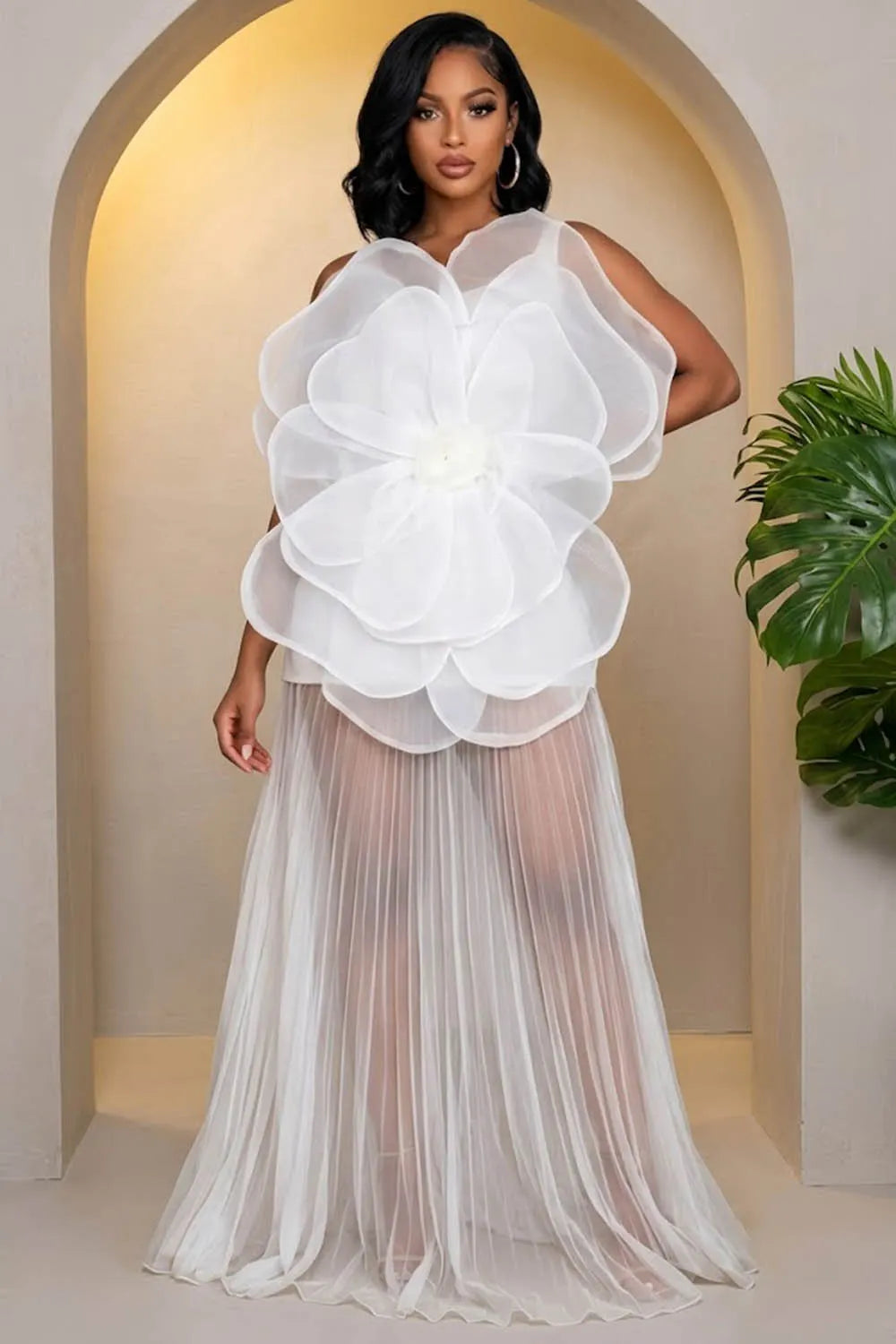 3D Floral One Shoulder Pleated Mesh Maxi Dresses-White