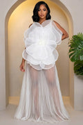 3D Floral One Shoulder Pleated Mesh Maxi Dresses-White