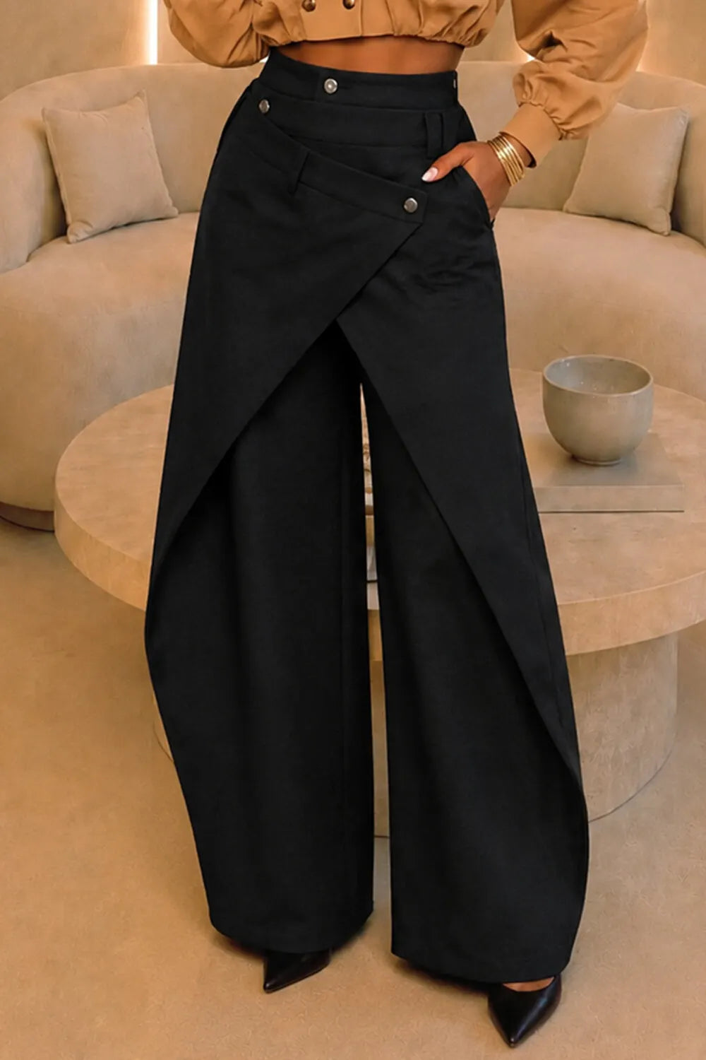 Solid Color Asymmetrical Button Overlap Wide Leg Casual Pants-Brown