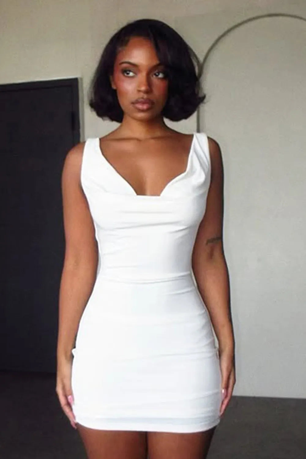 Wide Straps Cowl Neck Backless Chain Decor Slim Fit Party Mini Dresses-Blue