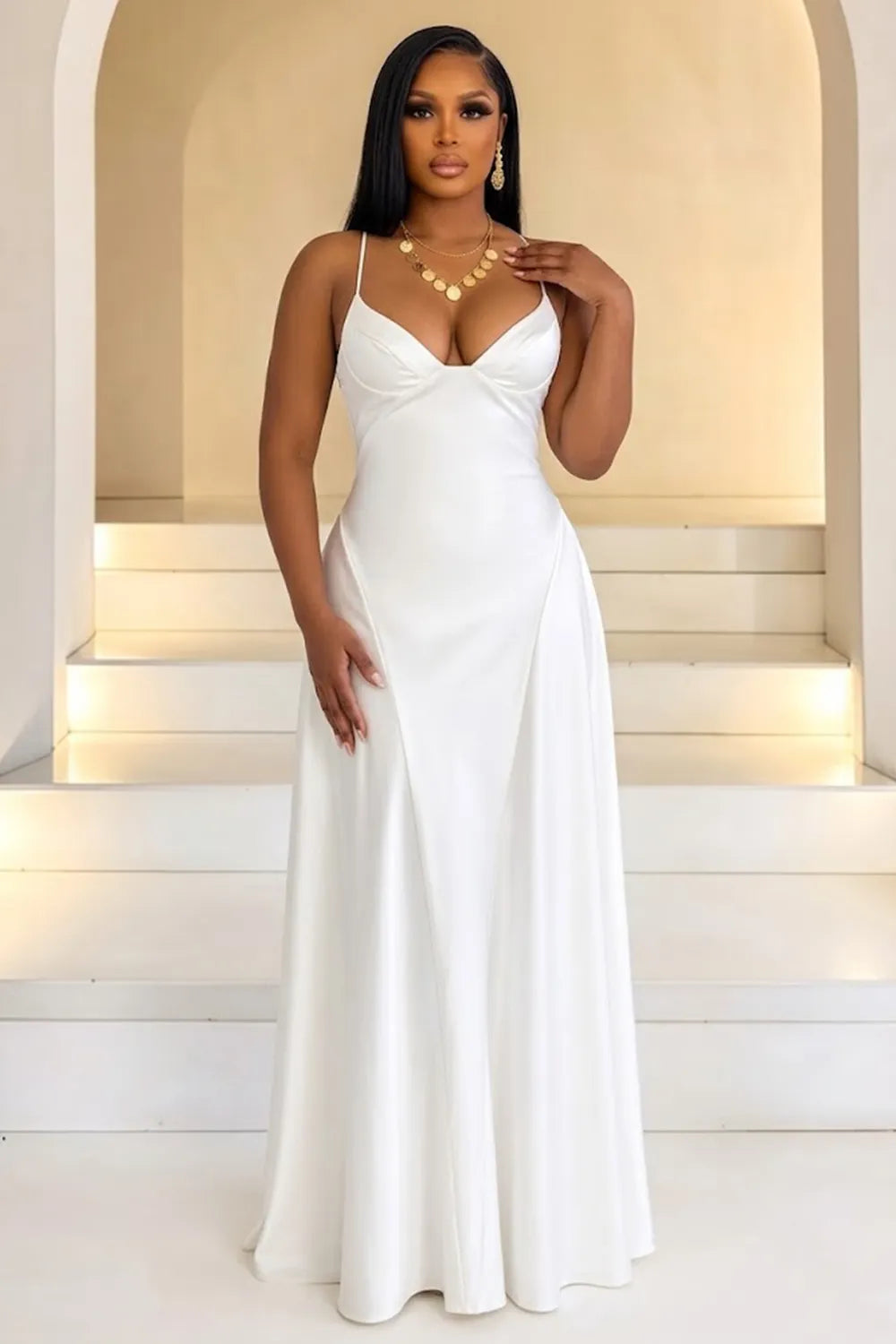 Spaghetti Strap Sweetheart Neck Cinch Waist Lace-Up Satin Maxi Dresses-Yellow