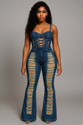 Lace-Up Cinch Waist Scratch Denim Cami Flare Leg Jumpsuit-Blue