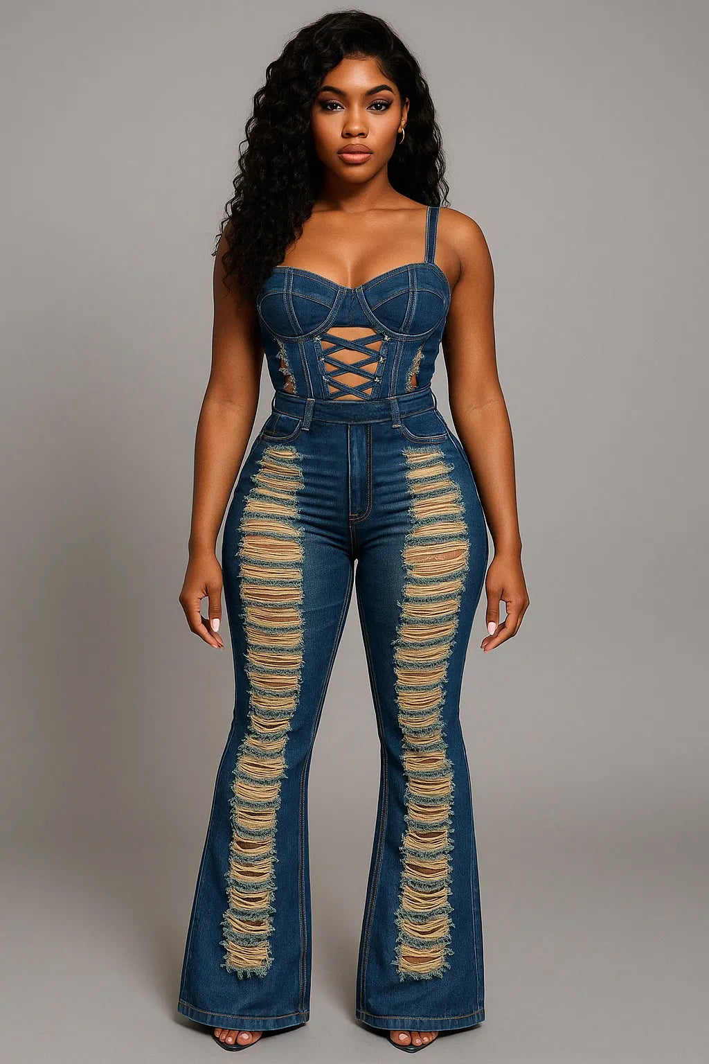 Lace-Up Cinch Waist Scratch Denim Cami Flare Leg Jumpsuit-Blue