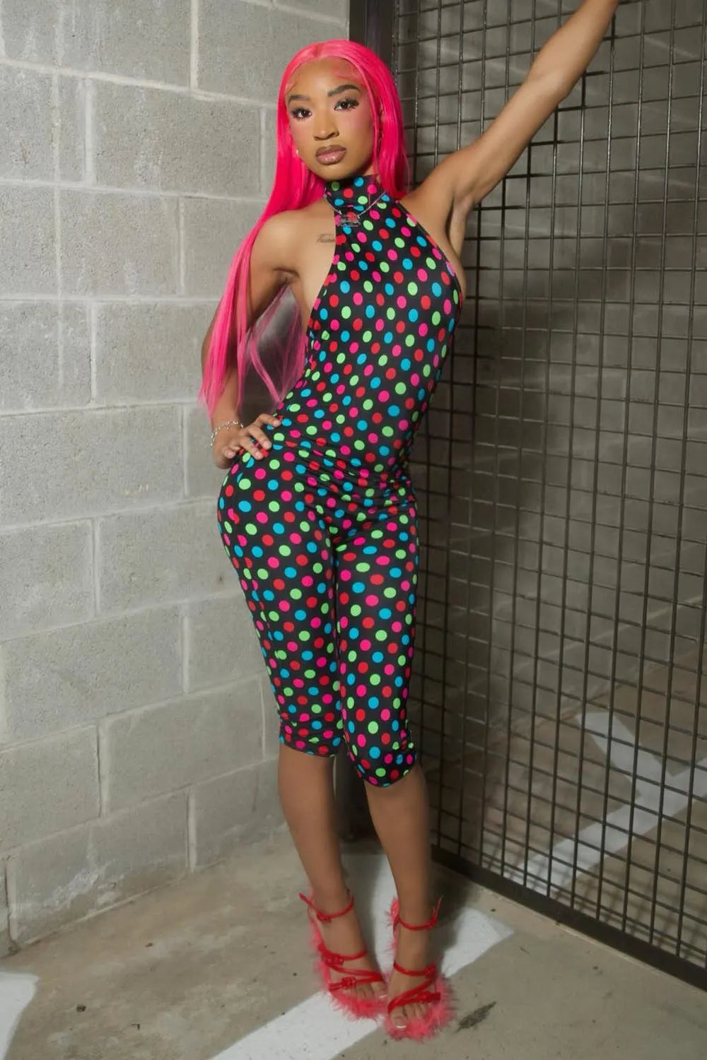 Halter Backless Polka Dot Print Ruched Bodycon Casual Capri Jumpsuit-Yellow