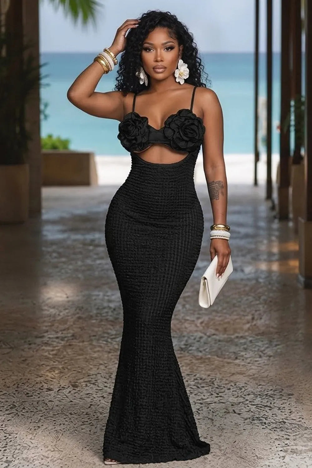 3D Floral Spaghetti Strap Cut Out Slit Hem Bodycon Vacation Maxi Dresses-Pink
