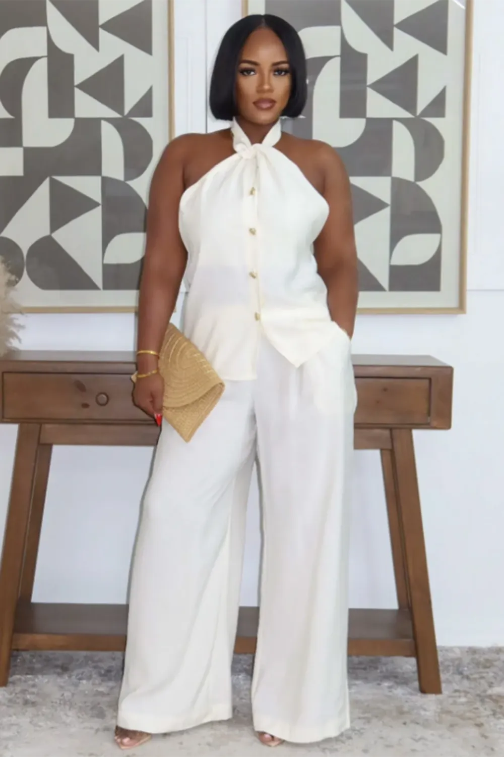 Halter Neck Single Breasted Top Wide Leg Pants 2pcs Set-White