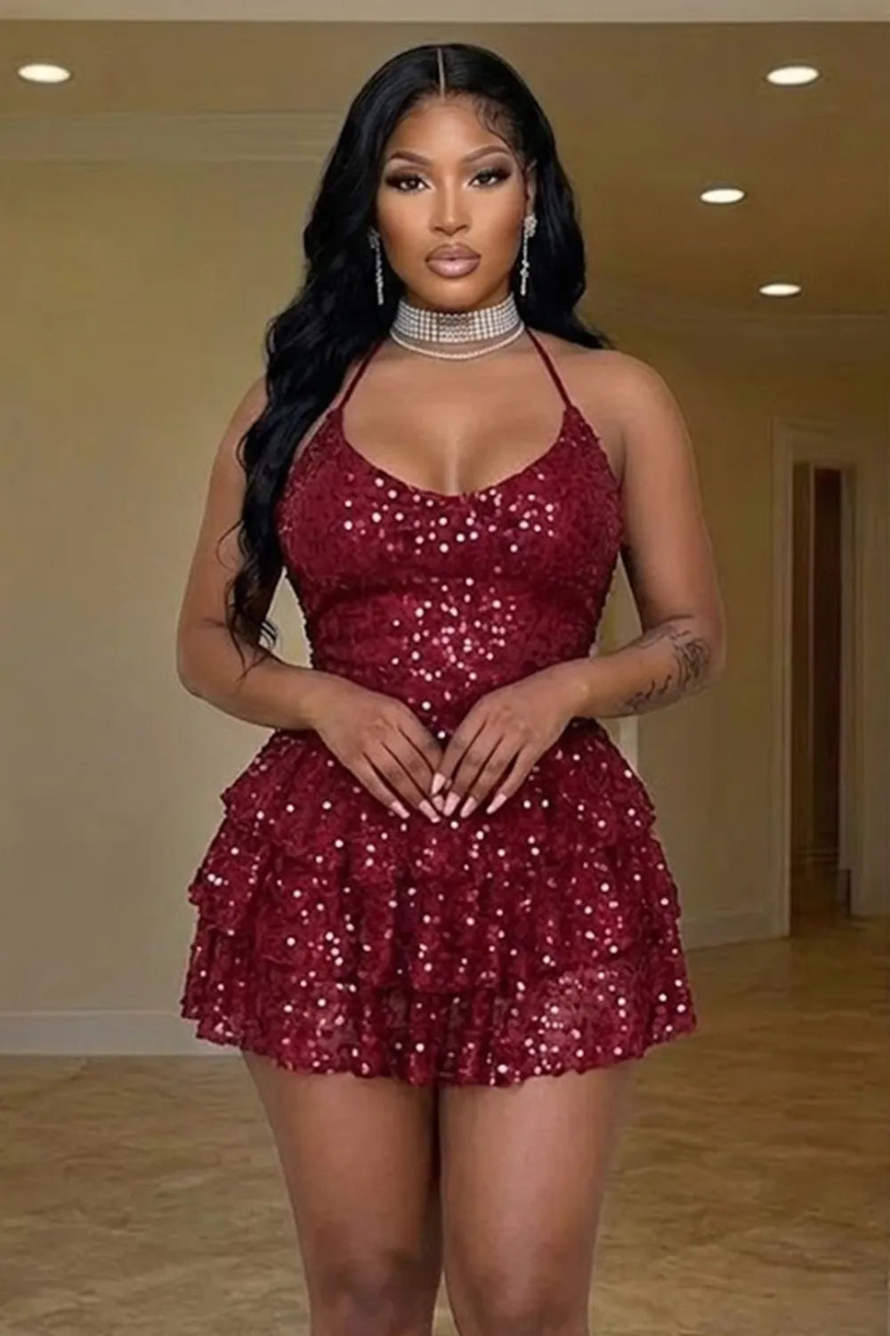 Halter Neck Sequin Cinch Waist Tiered Ruffle Hem Party Mini Dresses-Red