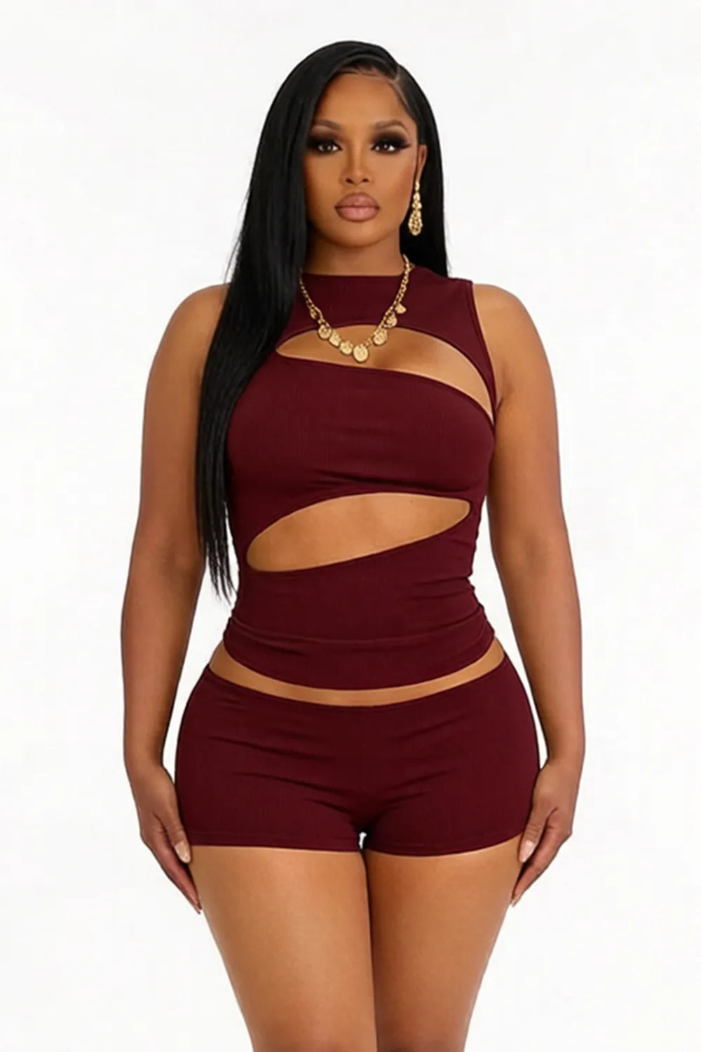 Round Neck Sleeveless Cut Out Top Cinch Waist Shorts 2pcs Set-Burgundy