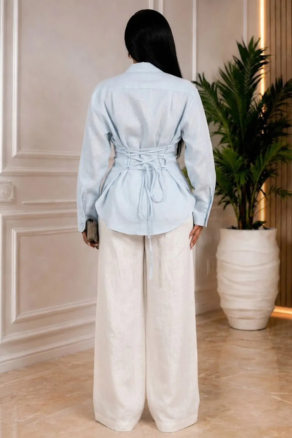 Solid Color Tie-Up Neck Single Breasted Back Lace-Up Long Sleeve Blouse-Blue