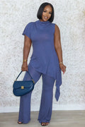 Mock Neck Irregular Hem Top Bootcut Pants Casual 2pcs Set-Blue