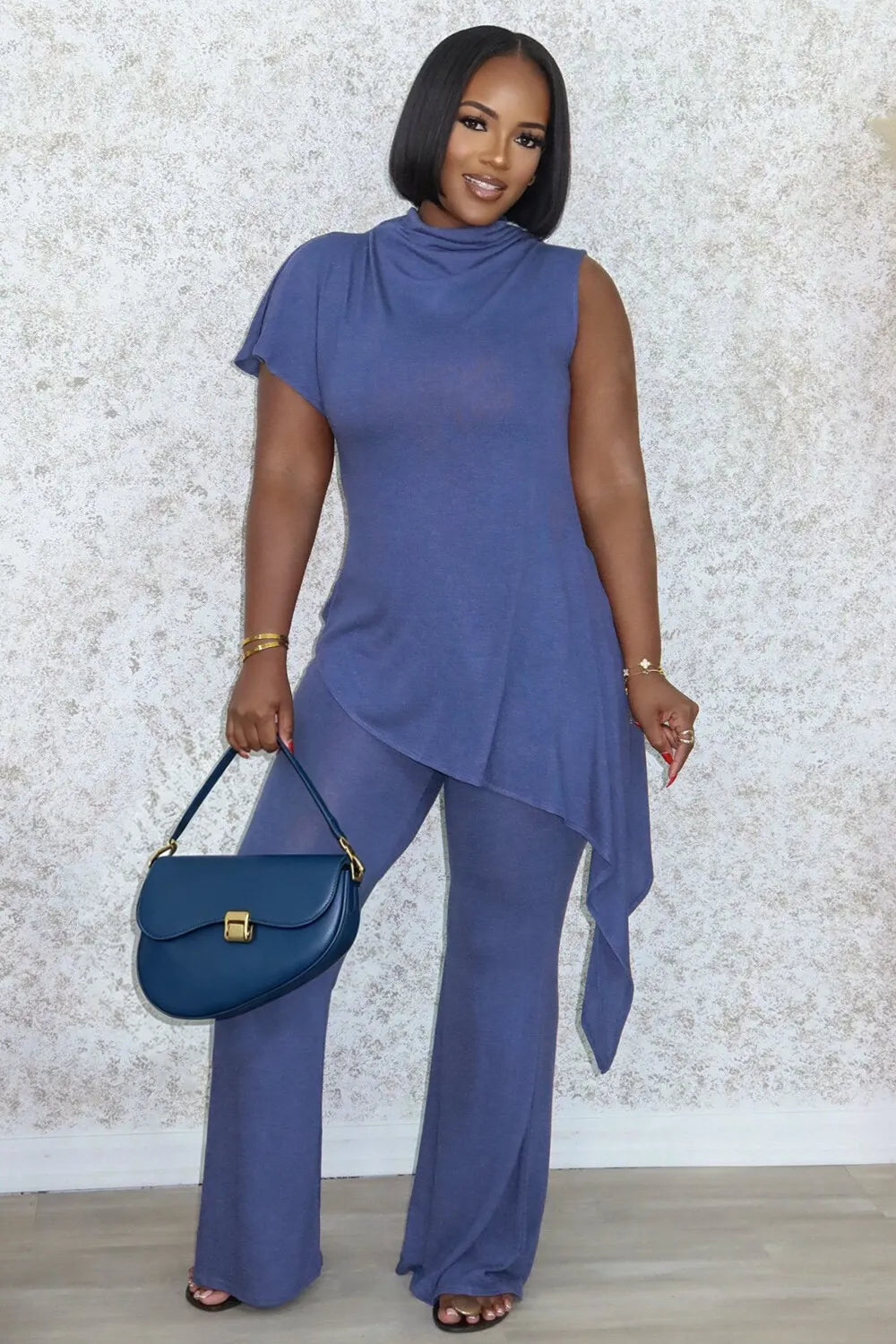 Mock Neck Irregular Hem Top Bootcut Pants Casual 2pcs Set-Blue