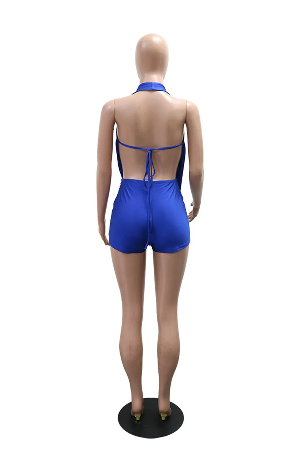 Halter Deep V Neck Backless Tie Up Solid Color Casual Romper Playsuit-Blue