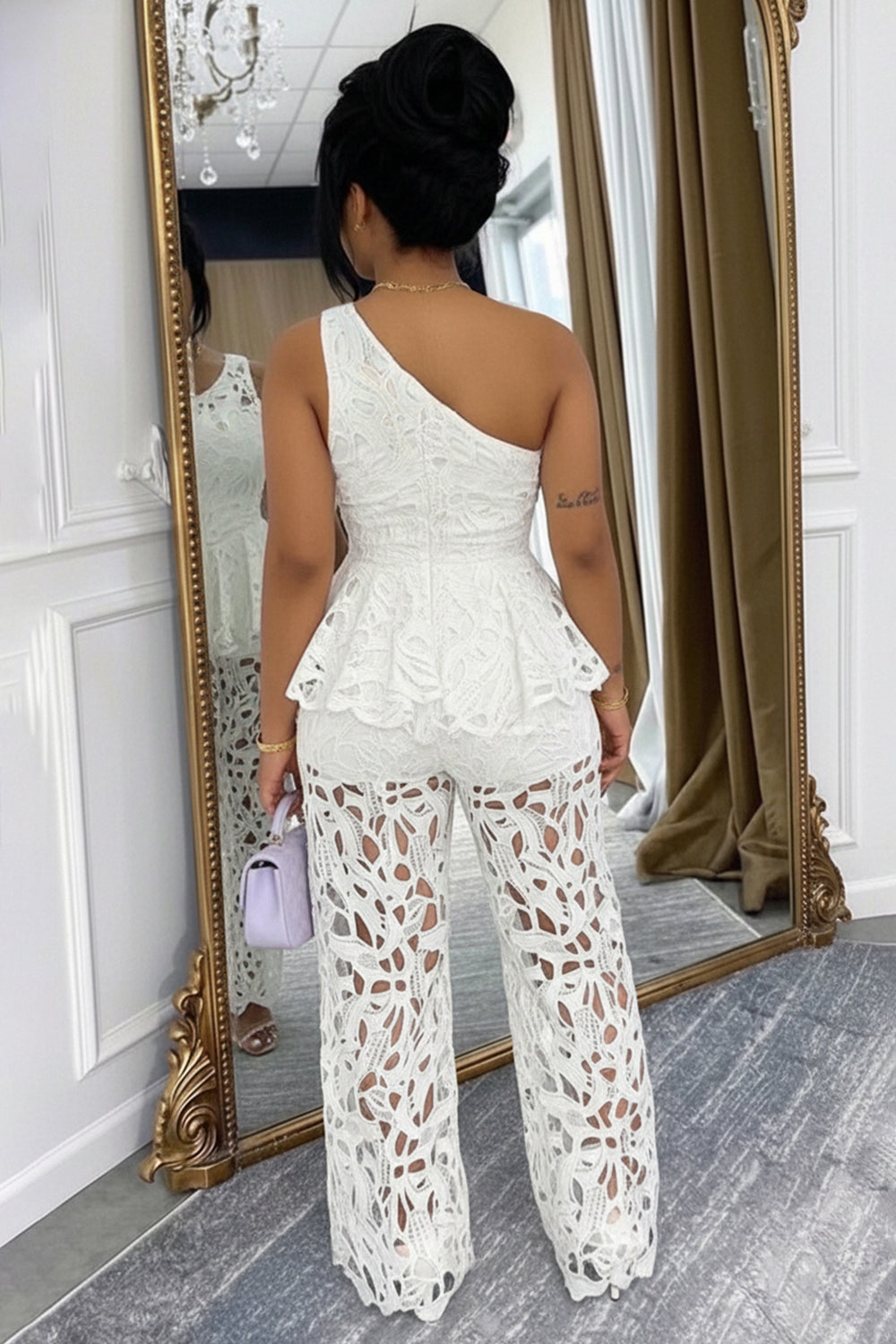 Hollow One Shoulder Peplum Top Wide Leg Pants 2pcs Set-White