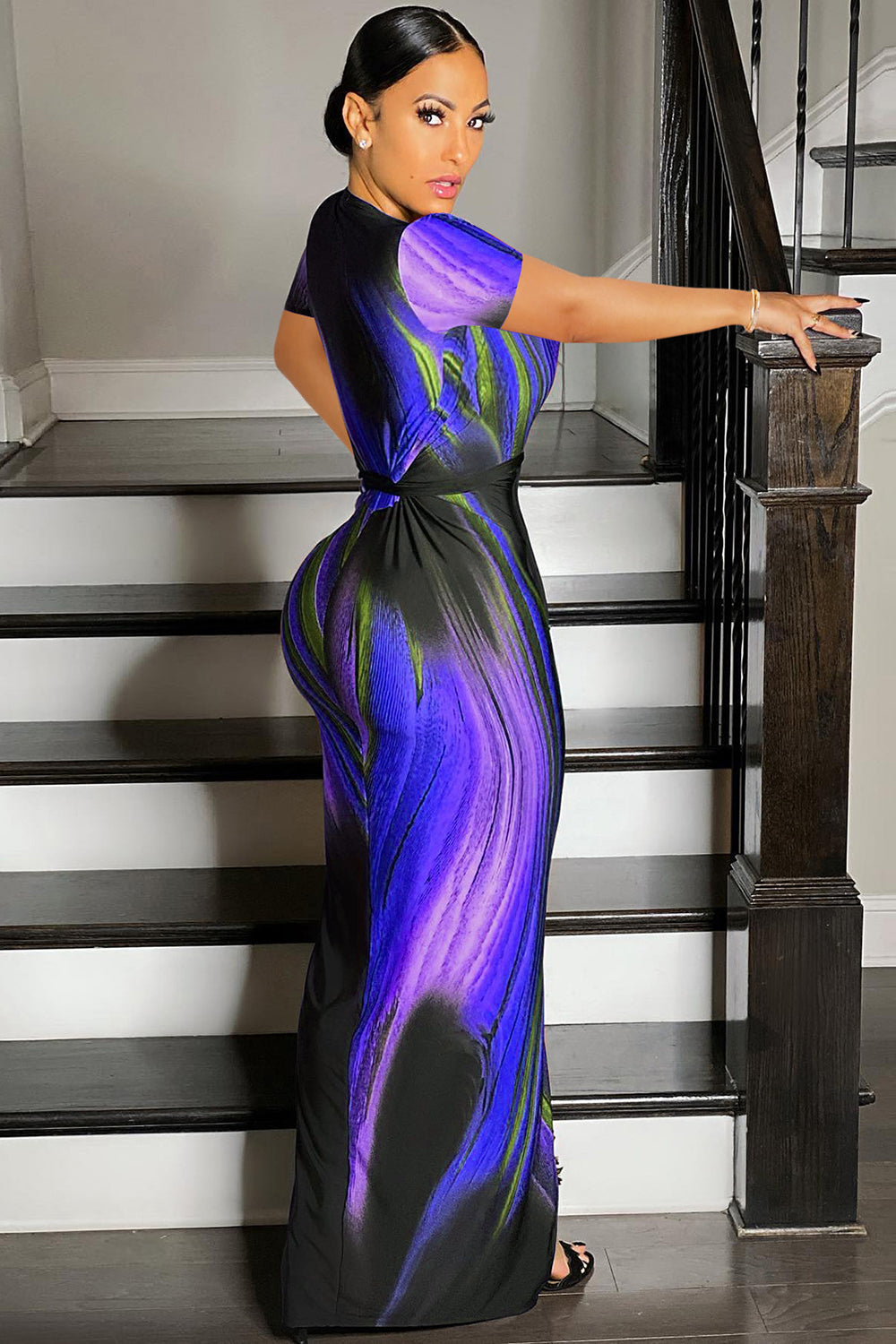 Deep V Neck Short Sleeve Cinch Waist Tie Dye Slit Gowns Maxi Dresses-Blue