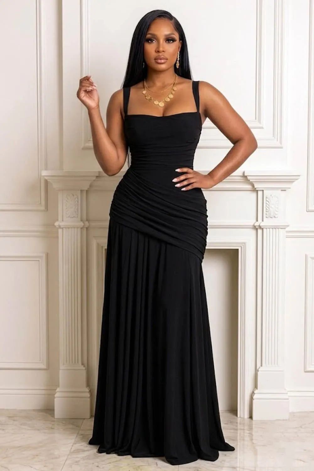 Cami Square Neck Ruched Cinch Waist Back Lace-Up Gowns Maxi Dresses-Yellow