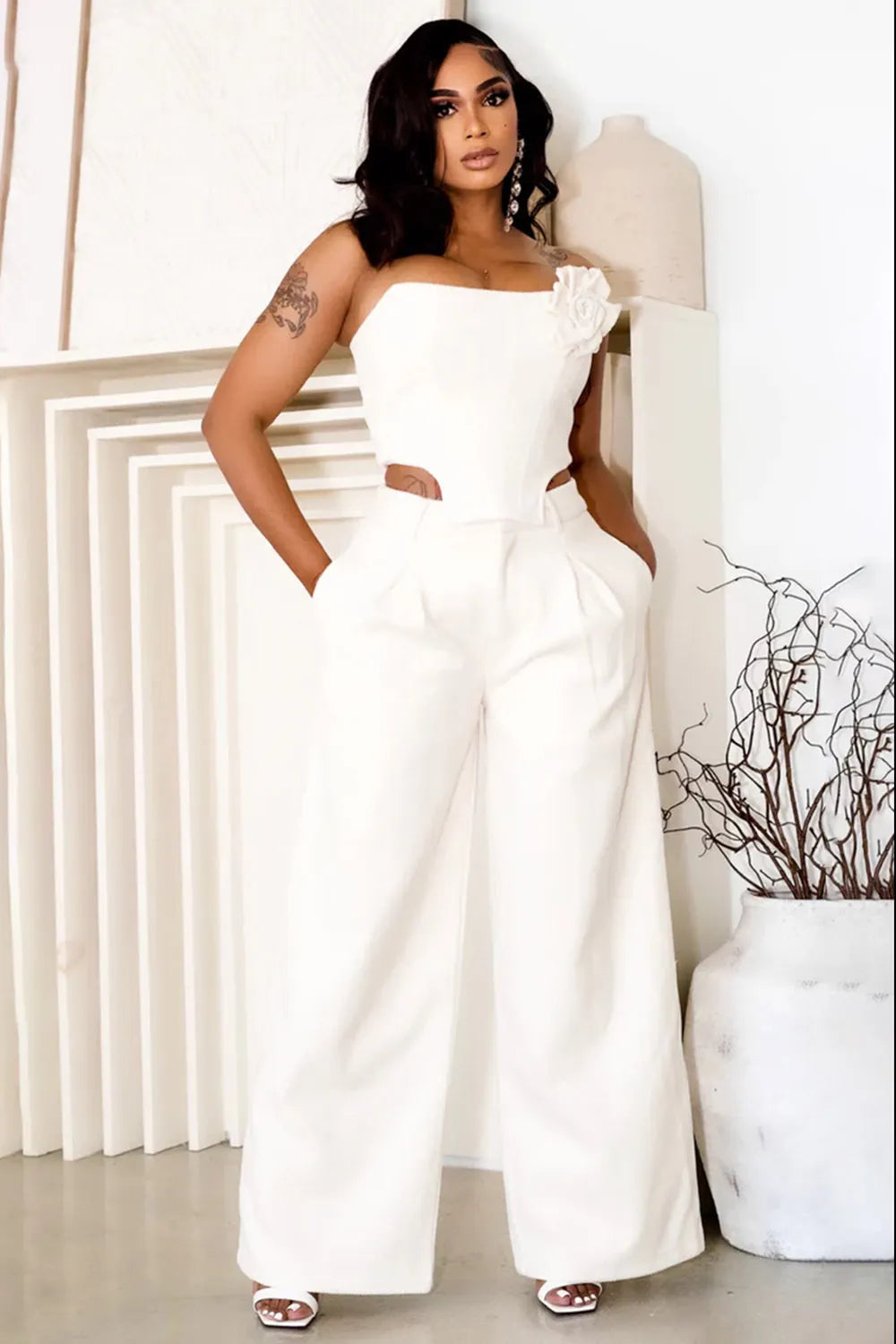 Strapless 3D Floral Corset Top Wide Leg Pants 2pcs Set-White