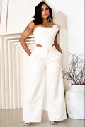 Strapless 3D Floral Corset Top Wide Leg Pants 2pcs Set-White