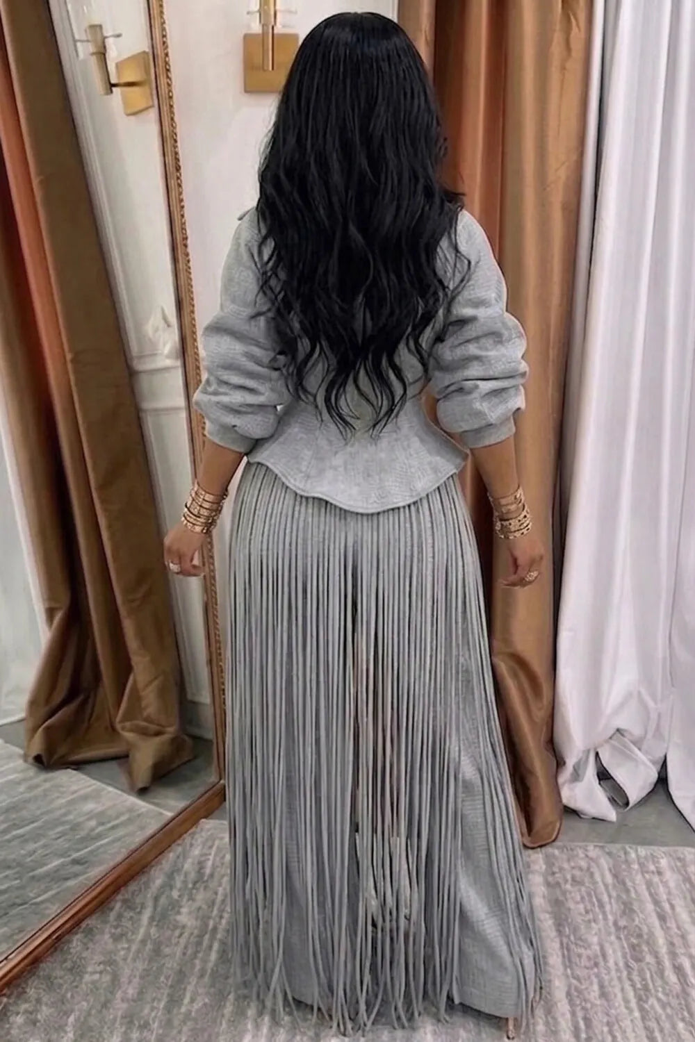 Turndown Collar Zipper Top Fringed Pants Casual 2pcs Set-Gray
