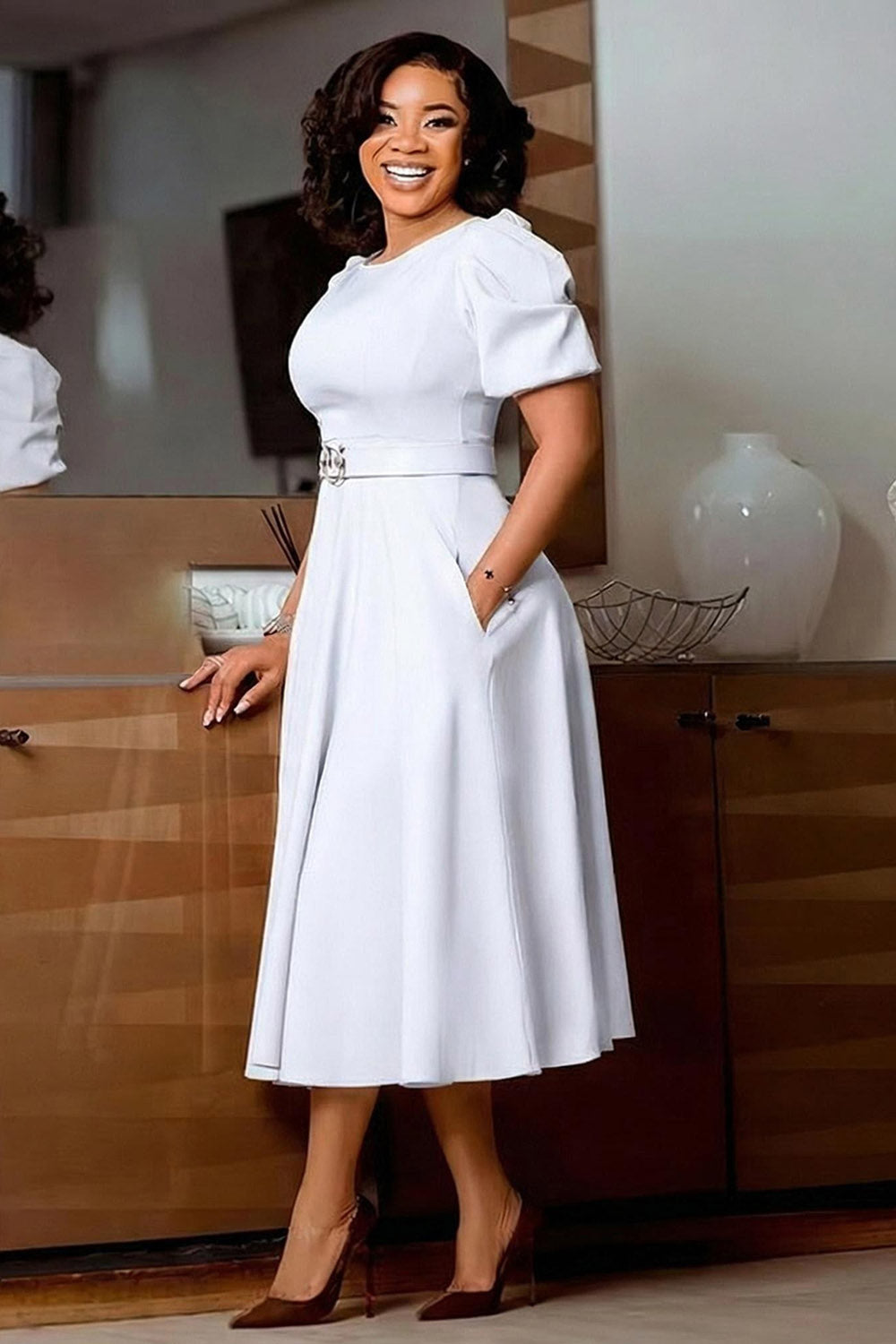 Round Neck Puff Sleeve Solid Color High Waist A-Line Formal Maxi Dresses-Blue
