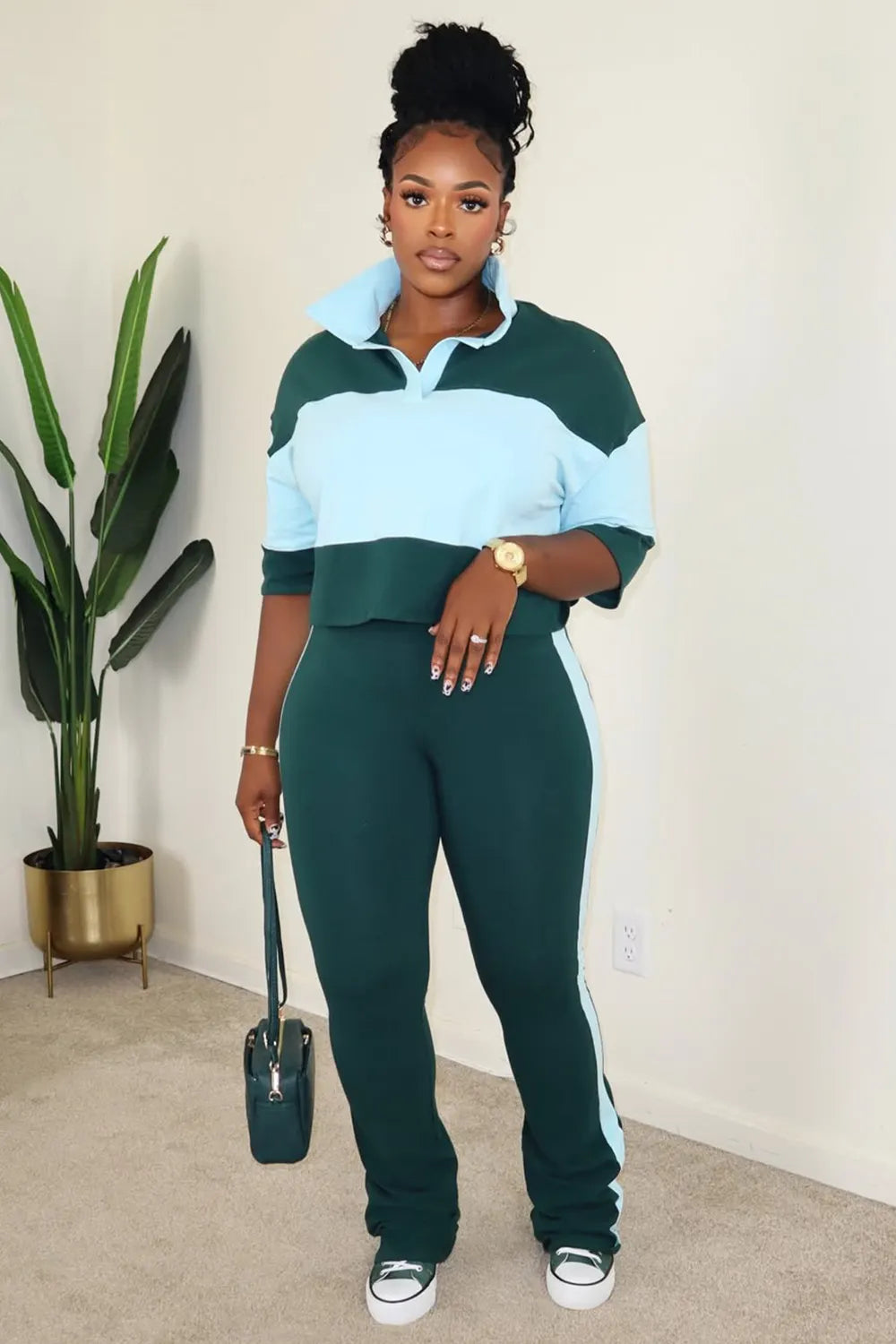 Colorblock Half Sleeve Top Slim Pants Casual 2pcs Set-Green [Pre Order]