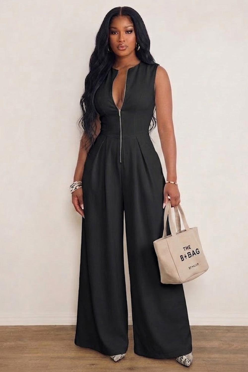 Crew Neck Zipper Cinch Waist Solid Color Casual Wide Leg Jumpsuit-White