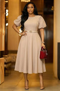 Round Neck Puff Short Sleeve Solid Color A-Line Gowns Midi Dresses-Apricot