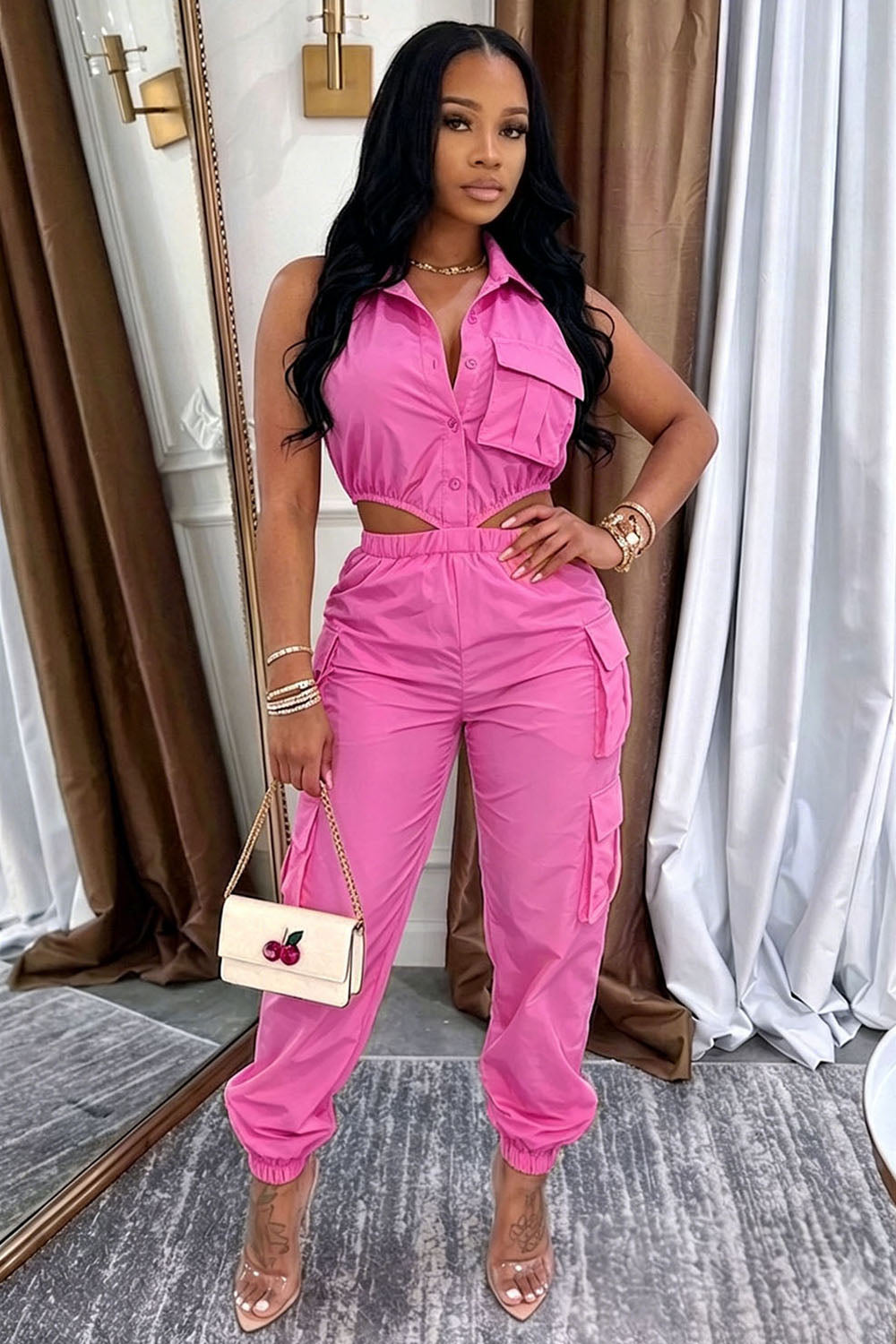 Sleeveless Button Waist Cut Out Cargo Casual Jumpsuit-Yellow