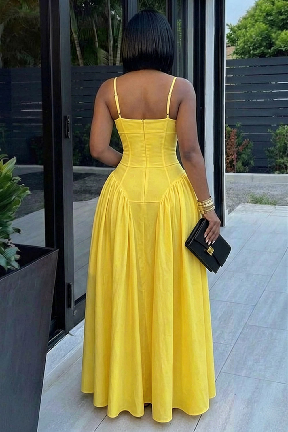 Spaghetti Strap Cinch Waist Solid Color Casual Maxi Dresses-White