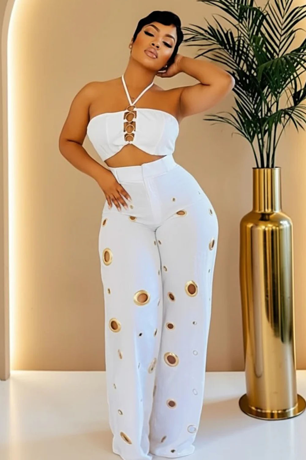 Halter Crop Top High Waist Hollow Pants Casual 2pcs Set-Yellow