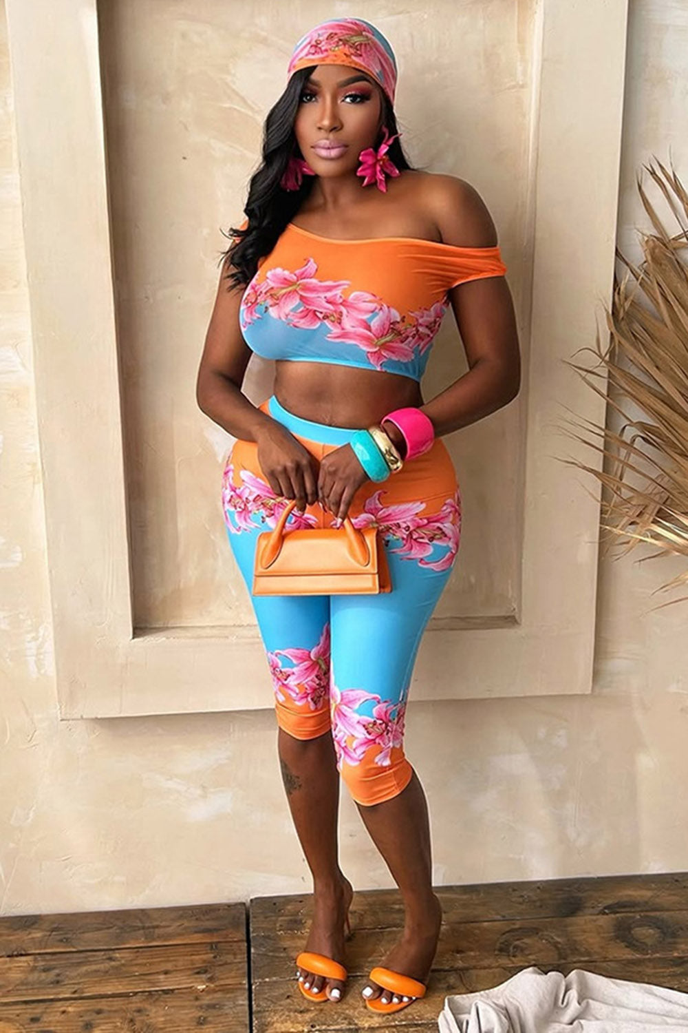 Floral Print Dropped Shoulder Crop Top High Waist Capri Pants 2pcs Set-Orange