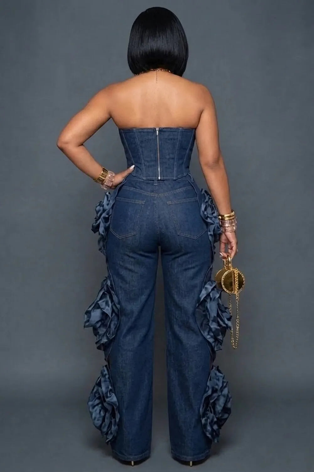 Strapless Top 3D Floral Straight Leg Pants Denim 2pcs Set-Navy