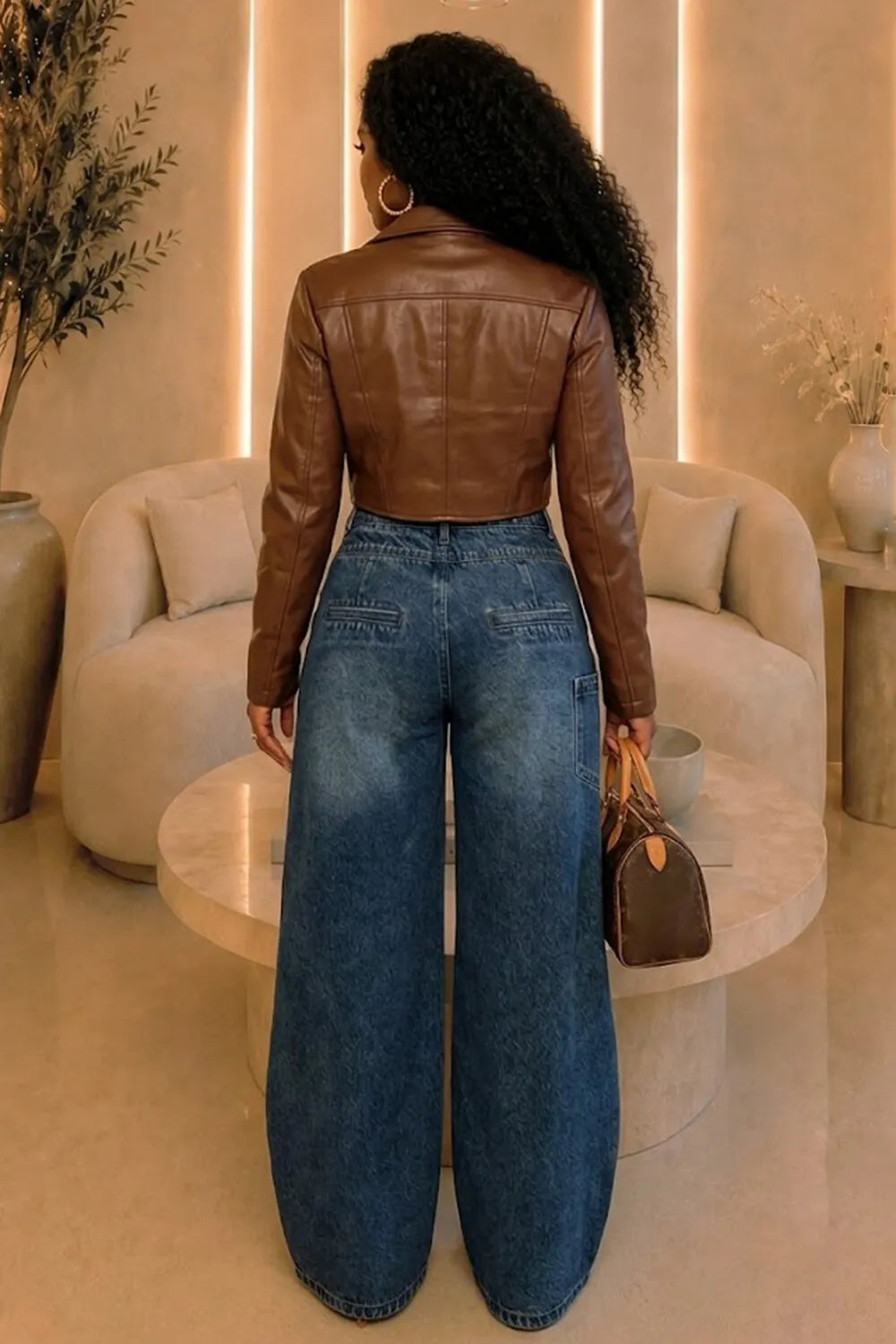 Solid Color Asymmetrical Button Overlap Wide Leg Casual Pants-Brown
