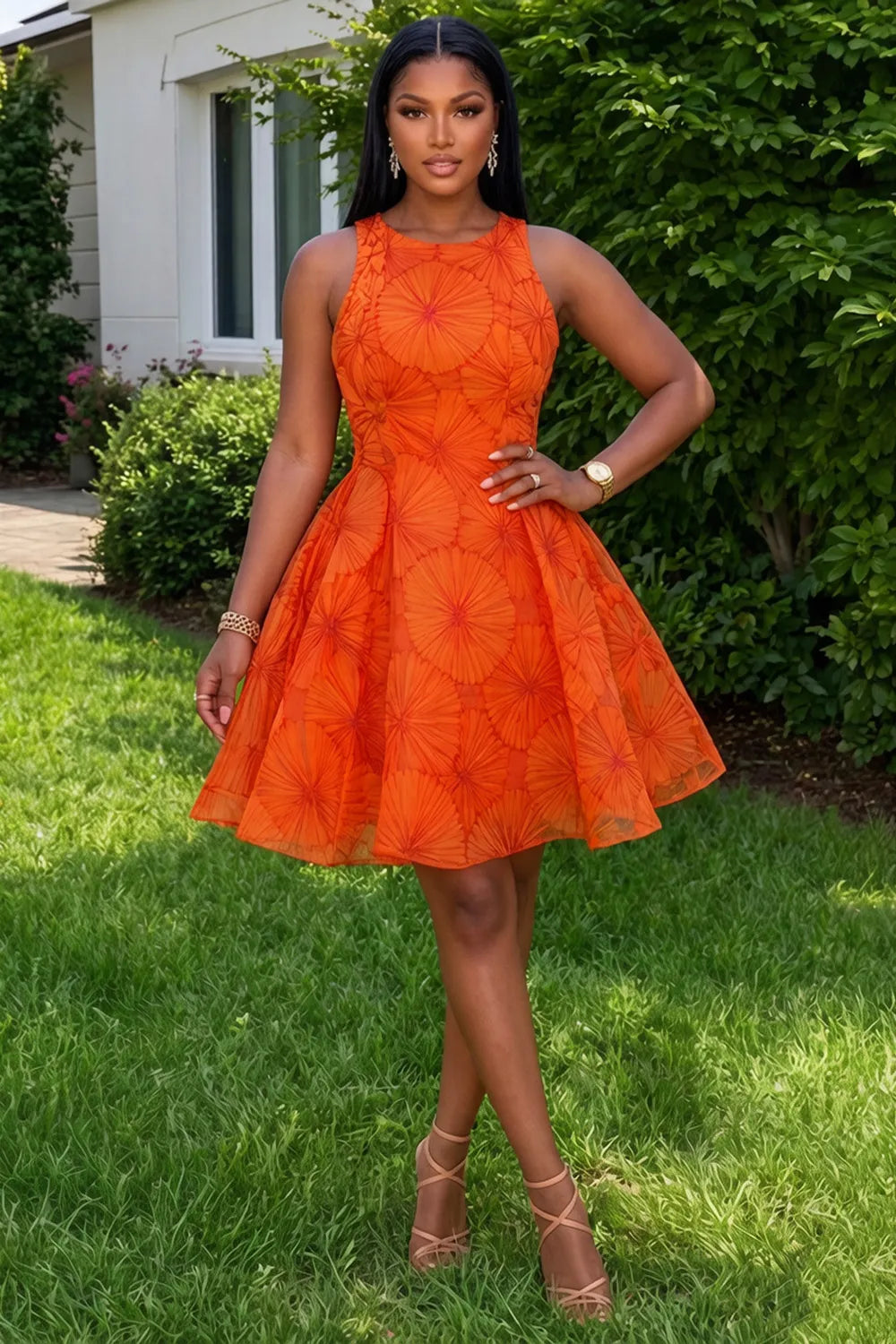 Round Neck Sleeveless Printed A-Line Vacation Mini Dresses-Orange