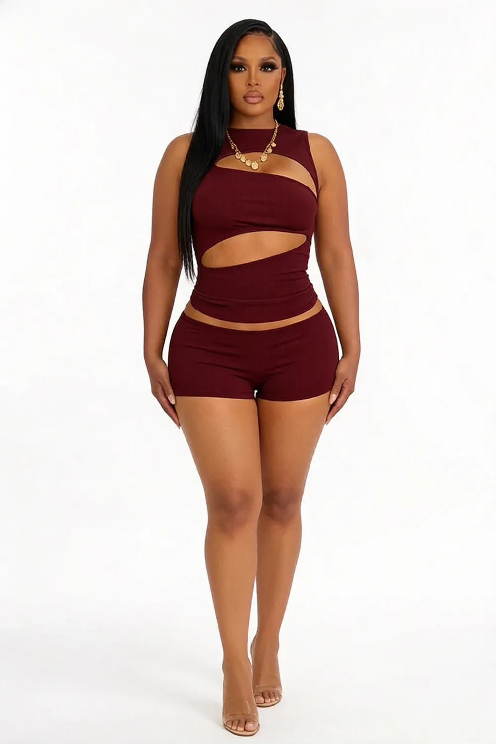 Round Neck Sleeveless Cut Out Top Cinch Waist Shorts 2pcs Set-Burgundy