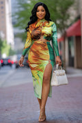 Abstract Print Long Sleeve Top Slit Midi Skirt 2pcs Set-Green
