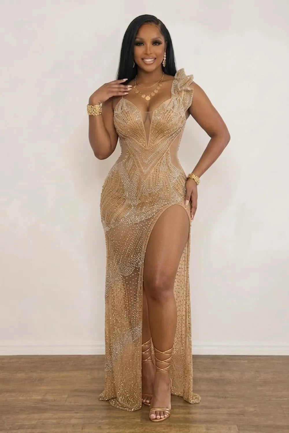 Mesh See-Through V Neck Hot Drillings Slit Cami Party Maxi Dresses-Apricot