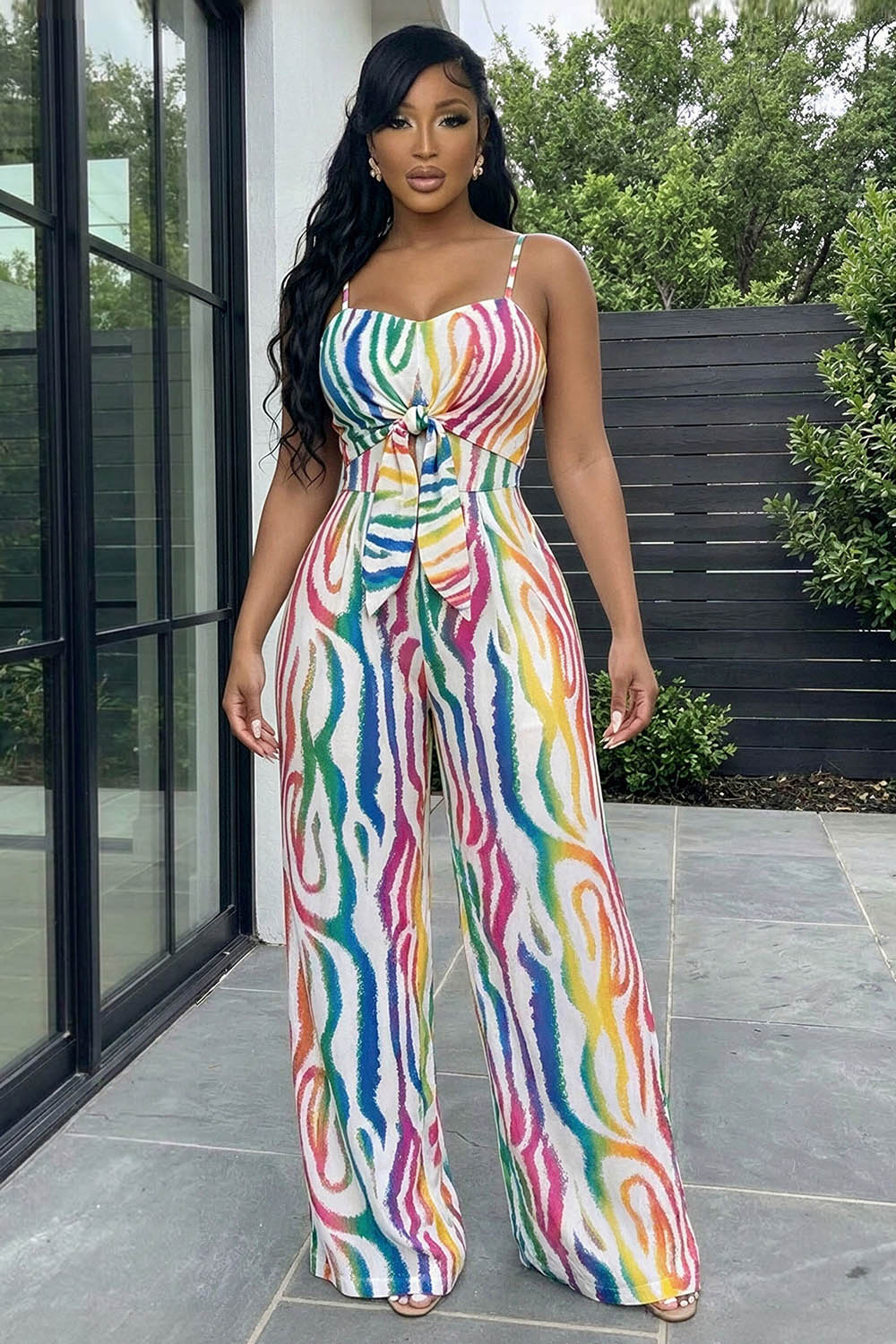 Cami Neck Knotted All Over Print Wide Leg Jumpsuit-Multicolo