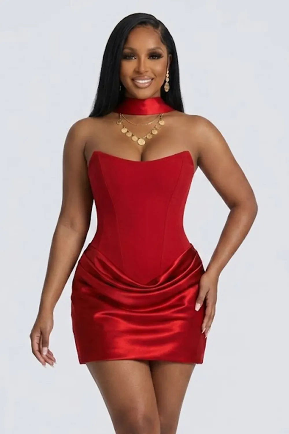 Strapless Halter Scarf Back Lace-Up Slim Fit Evening Gowns Mini Dresses-Red