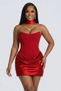 Strapless Halter Scarf Back Lace-Up Slim Fit Evening Gowns Mini Dresses-Red