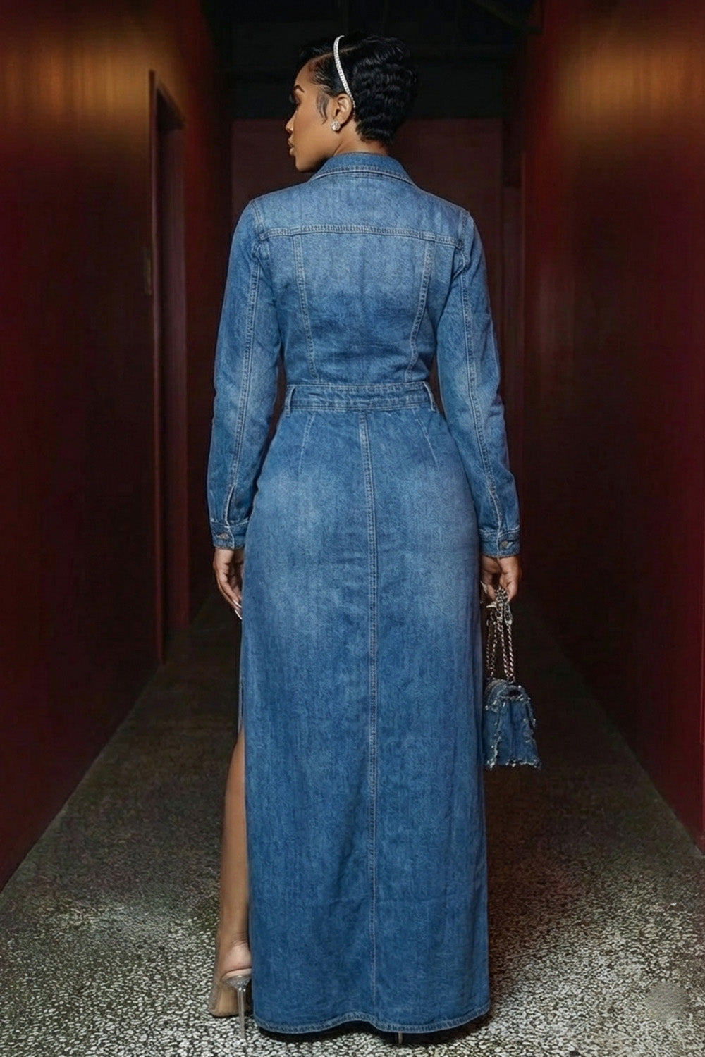 Denim  Collar Long Sleeve Slit Casual Maxi Dresses-Blue