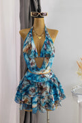 Tie Dye Halter Top Tiered Ruffle Mini Skirt Bikini Swimsuit 3pcs Set-Blue