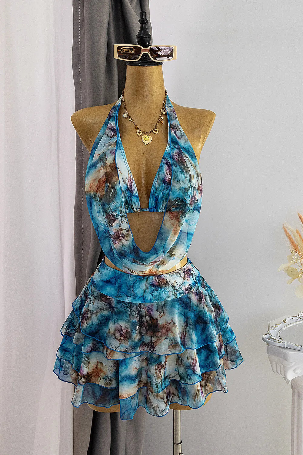 Tie Dye Halter Top Tiered Ruffle Mini Skirt Bikini Swimsuit 3pcs Set-Blue