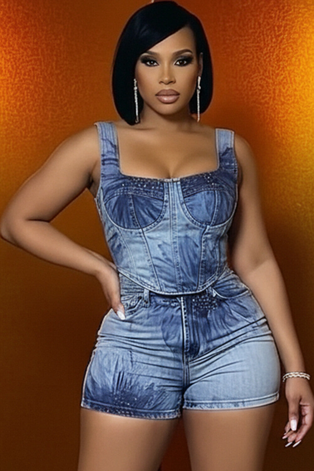 Denim Wide Straps Sleeveless Top Shorts Casual 2pcs Set-Blue